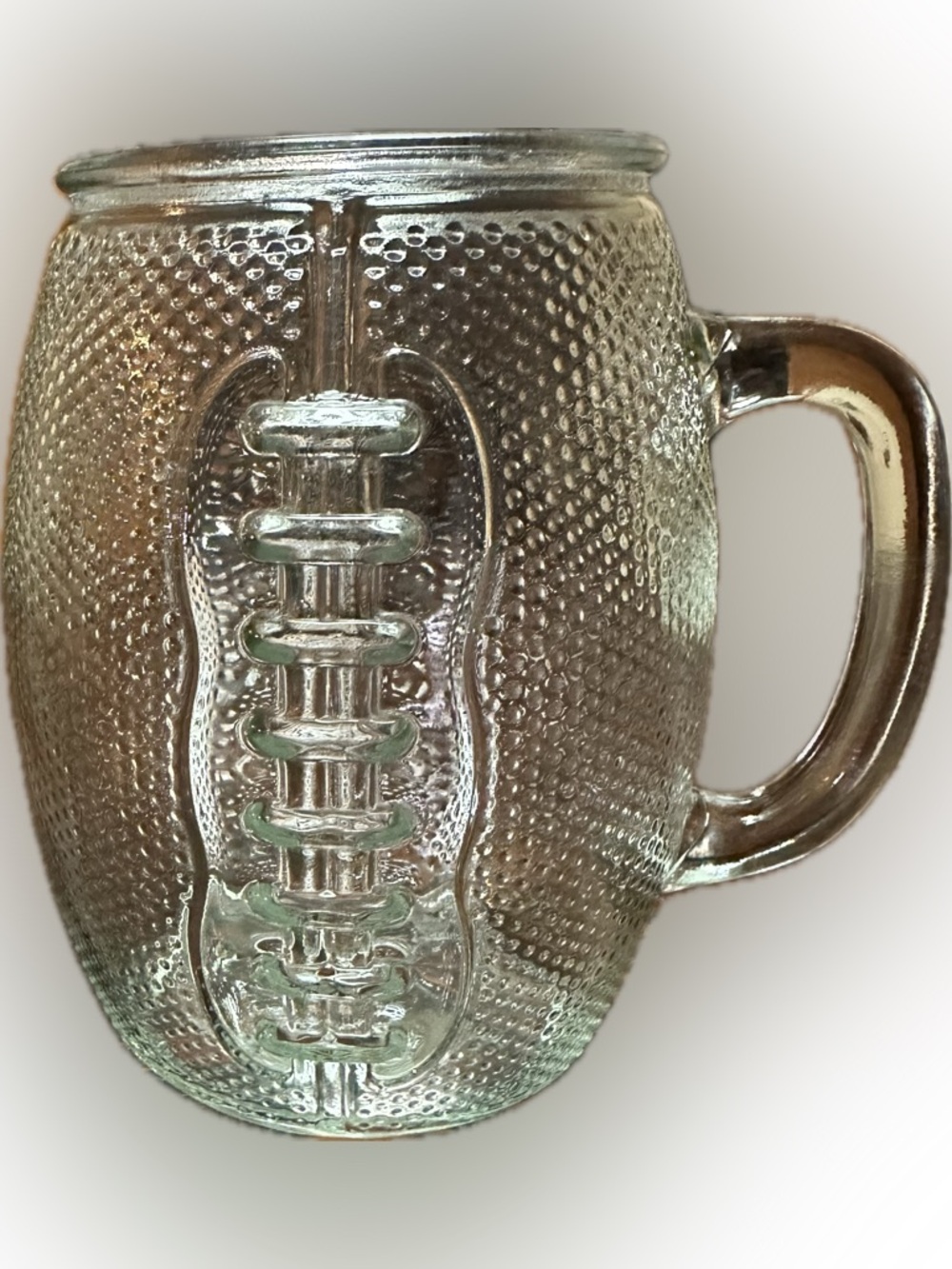 XL THE BEER DEN FOOTBALL SHAPED CLEAR GLASS MUG BAR DRINK PARTY NFL GIFT 40 OZ